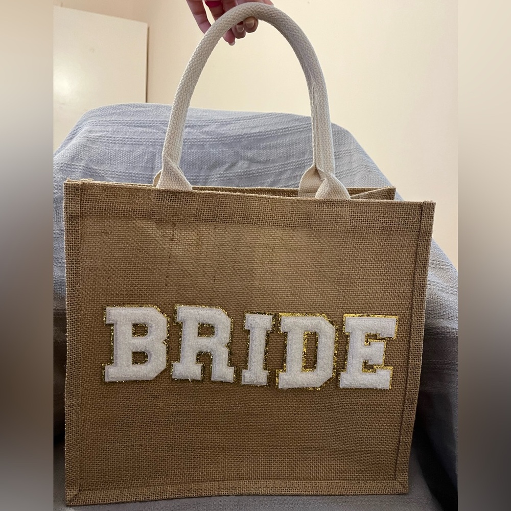 Bride Jute Tote Bag with White and Gold Accents